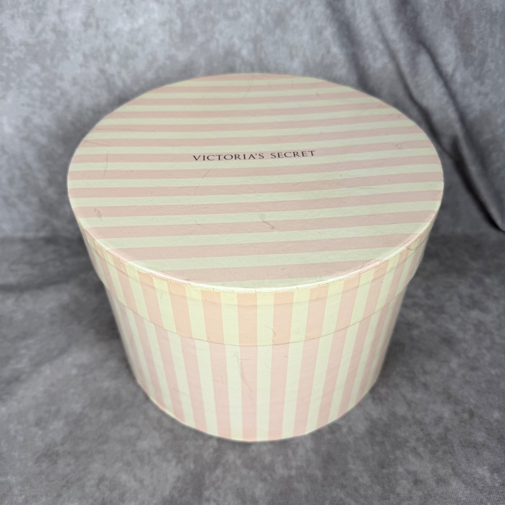 Victoria's Secret Pink Striped Round Gift Hat Box Storage Container Vintage